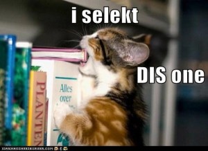 lolcat choosing a book by biting it